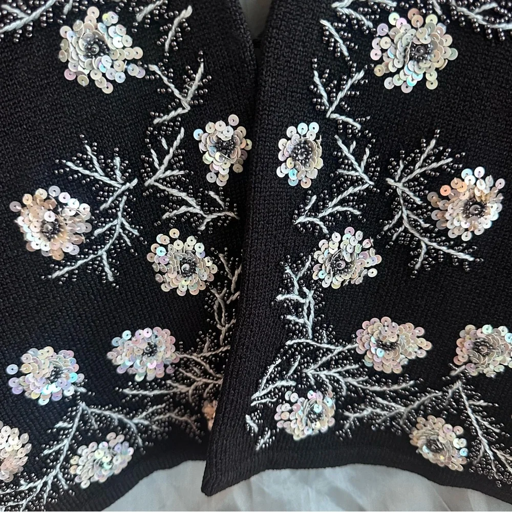 Sigrid Olsen Floral Parisian Party Beaded Sequin Cardigan Sweater Black Size SP